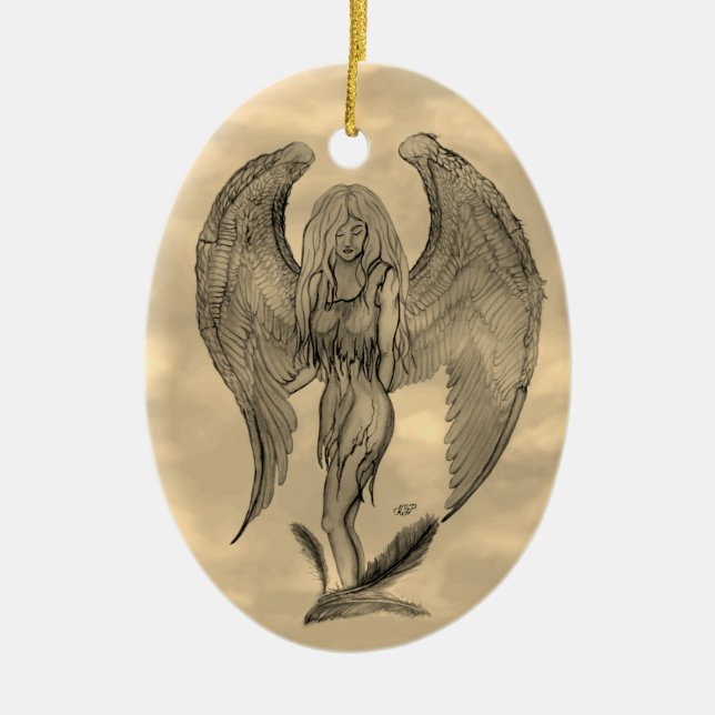 Angel in Tattoo Style Ceramic Tree Decoration (Front)