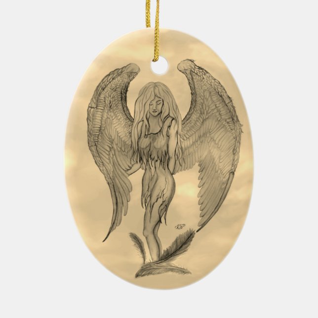 Angel in Tattoo Style Ceramic Tree Decoration (Back)