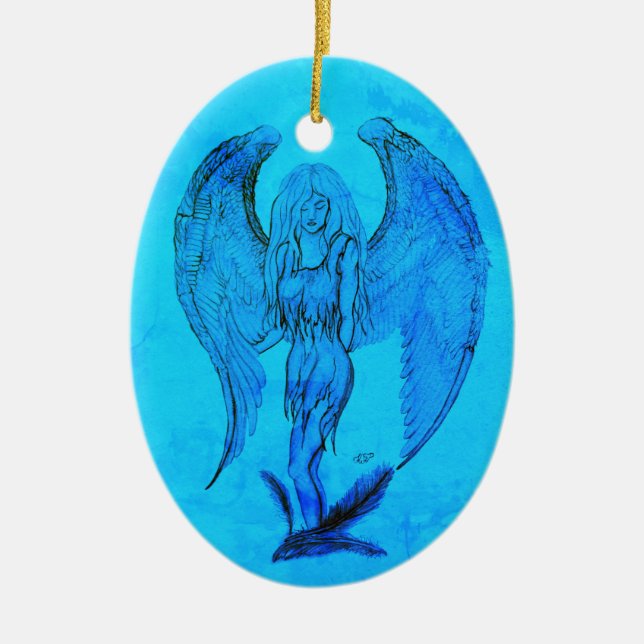 Angel in Tattoo Style Ceramic Tree Decoration (Front)