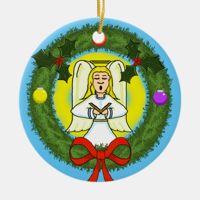 Angel in Wreath Ceramic Ornament (Front)