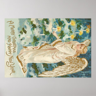 Angel Lighting Candlelit Christmas Tree Poster