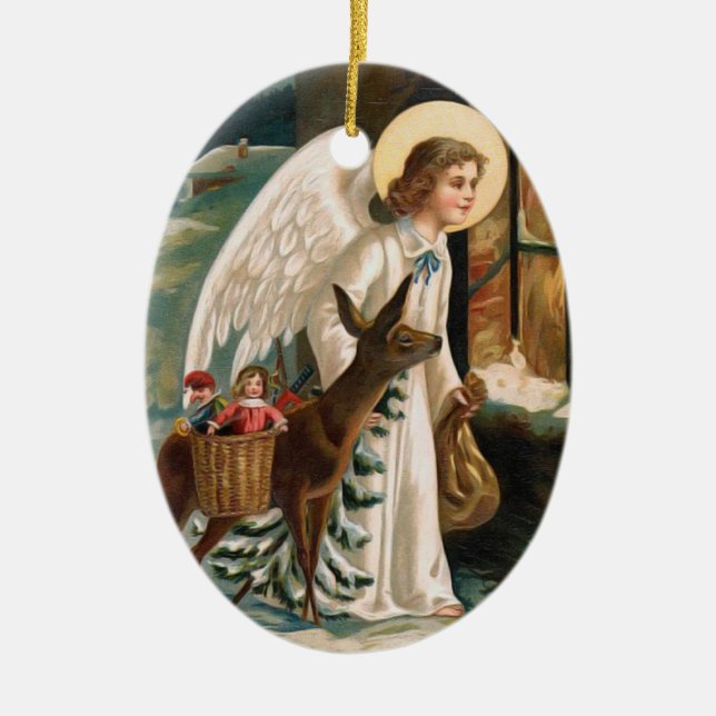 Angel Looking into Window with Deer Christmas Ceramic Tree Decoration (Front)