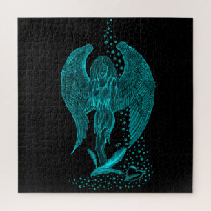 Angel lost in Love , black and green Design Jigsaw Puzzle