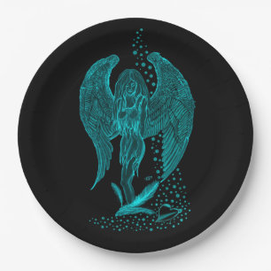 Angel lost in Love , black and green Design Paper Plate