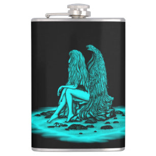 Angel , lost in thought , black and green Design Hip Flask