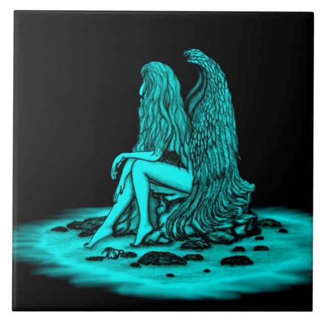 Angel , lost in thought , black and green Design Tile (Front)