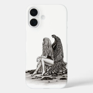 Angel , lost in thought , black and white Design iPhone 16 Case
