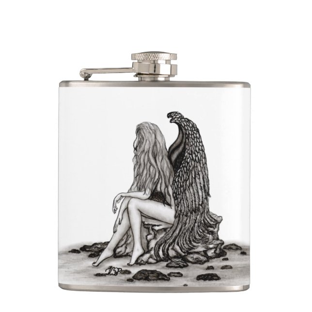 Angel , lost in thought , black and white Design Hip Flask (Front)