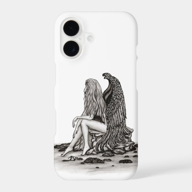 Angel , lost in thought , black and white Design iPhone Case (Back)