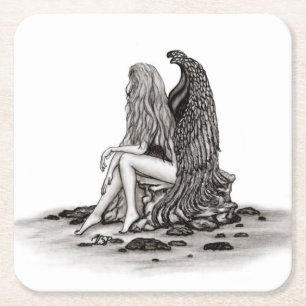 Angel , lost in thought , black and white Design Square Paper Coaster