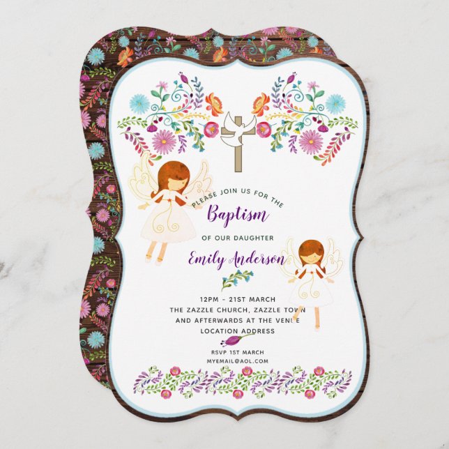 Angel Love Baptism Invitation with Folk Flowers (Front/Back)