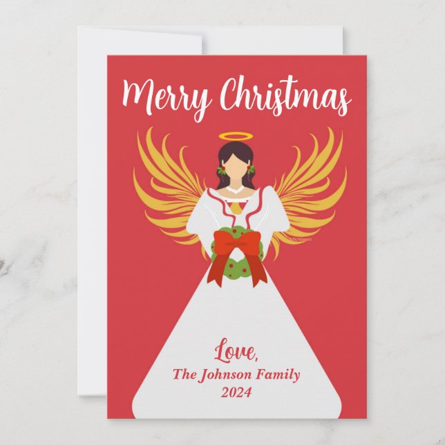 Angel Merry Christmas Red Green Wreath Wings Name Holiday Card (Front)