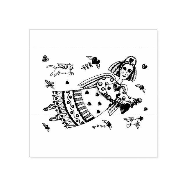 ANGEL OF HEARTS AND KITTEN RUBBER STAMP *Custom (Imprint)