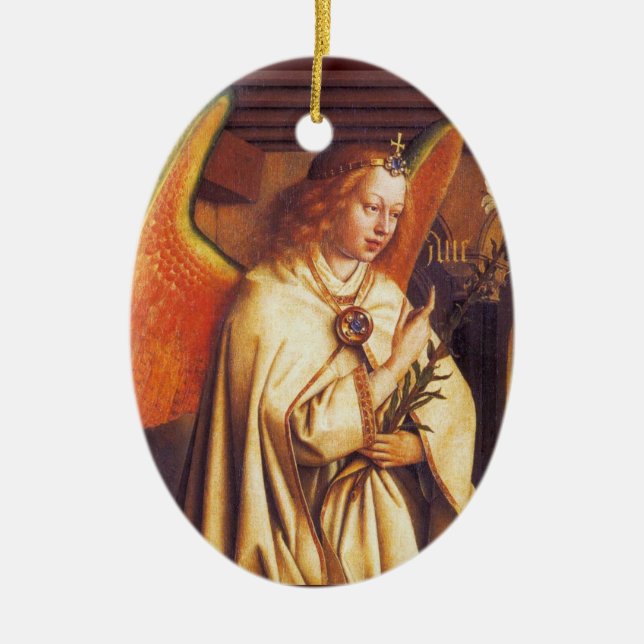 Angel of the Annunciation Red Gemstone Christmas Ceramic Tree Decoration (Front)