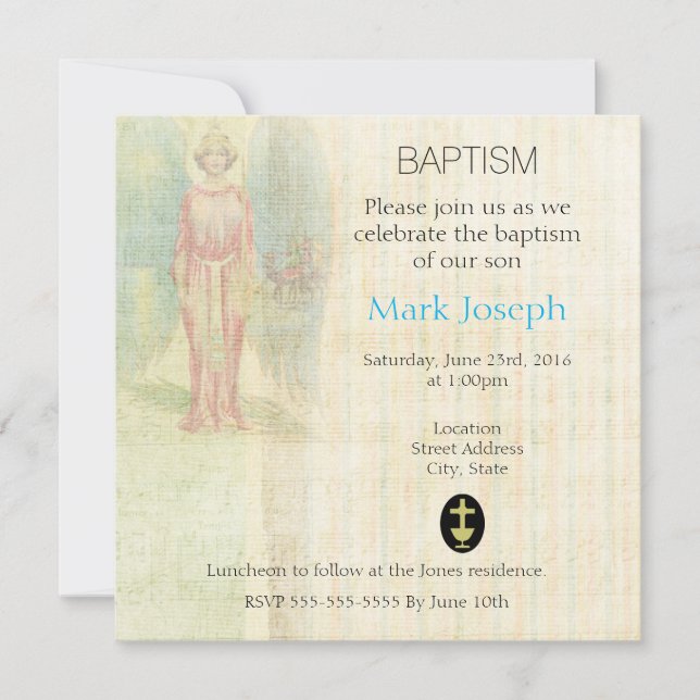 Angel on a Vintage Texture Baptismal Invitation (Front)