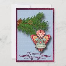 Angel Ornament on Pine Branch Flat Christmas Card