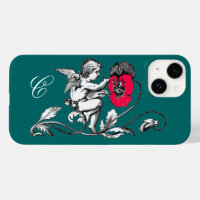 ANGEL PAINTING A PINK FLOWER,MONOGRAM ,Green