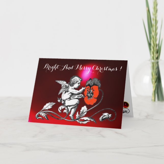 ANGEL PAINTING A RED FLOWER Black White Christmas Holiday Card (Front)