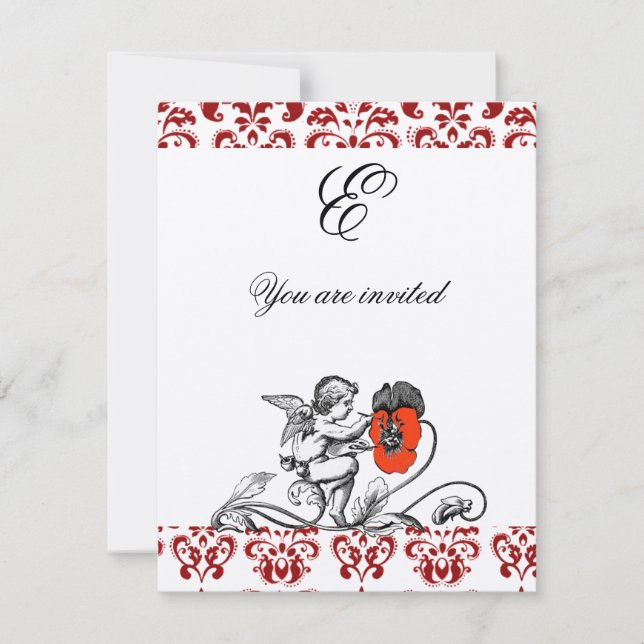 ANGEL PAINTING A RED FLOWER DAMASK MONOGRAM felt Invitation (Front)