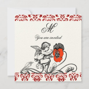ANGEL PAINTING A RED FLOWER DAMASK MONOGRAM felt Invitation
