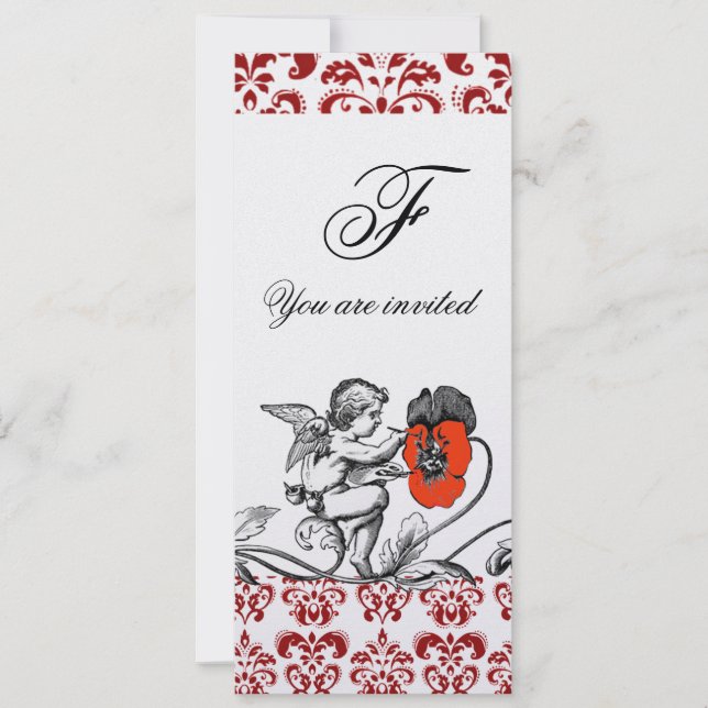 ANGEL PAINTING A RED FLOWER DAMASK MONOGRAM ice Invitation (Front)