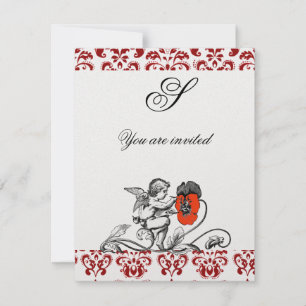 ANGEL PAINTING A RED FLOWER DAMASK MONOGRAM ice Invitation