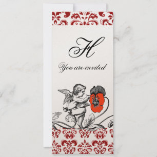 ANGEL PAINTING A RED FLOWER DAMASK MONOGRAM INVITATION