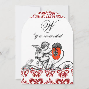 ANGEL PAINTING A RED FLOWER DAMASK MONOGRAM INVITATION