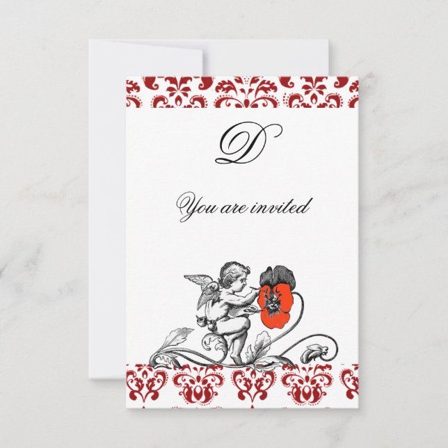 ANGEL PAINTING A RED FLOWER DAMASK MONOGRAM INVITATION (Front)