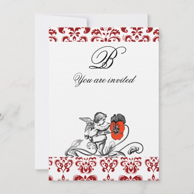 ANGEL PAINTING A RED FLOWER DAMASK MONOGRAM linen Invitation (Front)