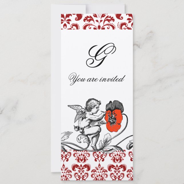 ANGEL PAINTING A RED FLOWER DAMASK MONOGRAM silver Invitation (Front)