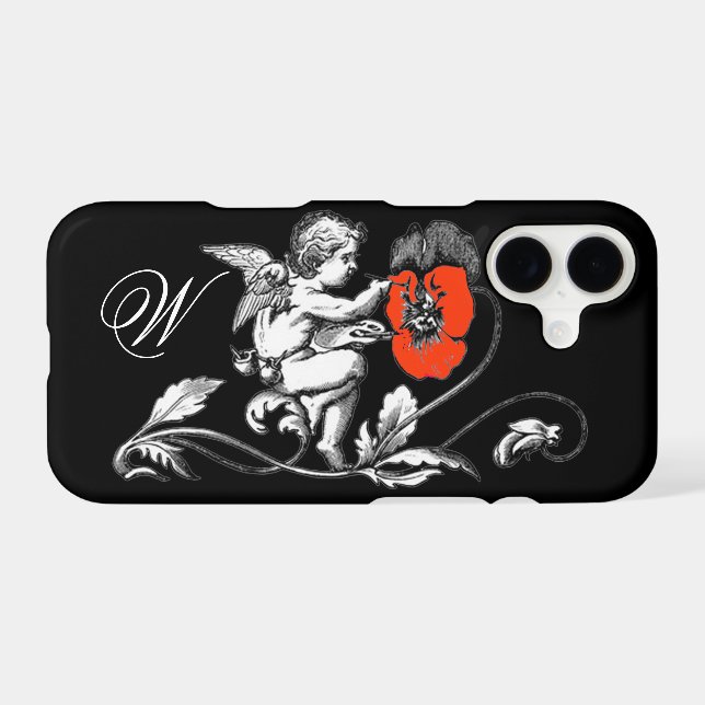 ANGEL PAINTING A RED FLOWER,MONOGRAM ,Black (Back (Horizontal))