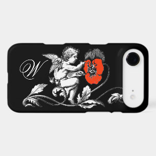 ANGEL PAINTING A RED FLOWER,MONOGRAM ,Black