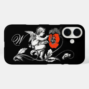 ANGEL PAINTING A RED FLOWER,MONOGRAM ,Black iPhone 16 Case