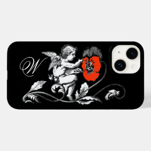 ANGEL PAINTING A RED FLOWER,MONOGRAM ,Black Case-Mate iPhone 14 Case
