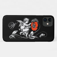 ANGEL PAINTING A RED FLOWER,MONOGRAM ,Black