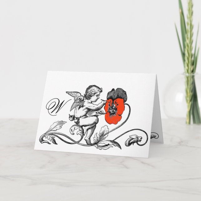 ANGEL PAINTING A RED FLOWER  MONOGRAM NOTE CARD (Front)