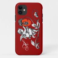 ANGEL PAINTING A RED FLOWER,MONOGRAM ,Red