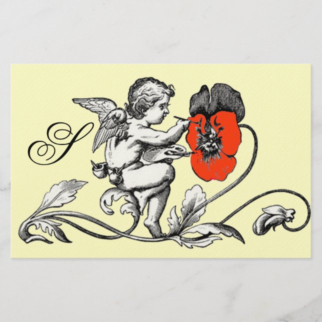 ANGEL PAINTING A RED FLOWER MONOGRAM STATIONERY (Front)