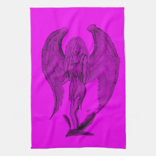 Angel , Pencil Art , black and pink design Tea Towel