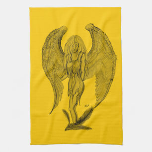 Angel , Pencil Art , yellow black design Tea Towel