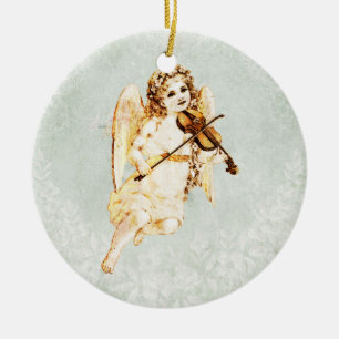 Angel Playing a Violin on a Shabby Vintage Texture Ceramic Tree Decoration