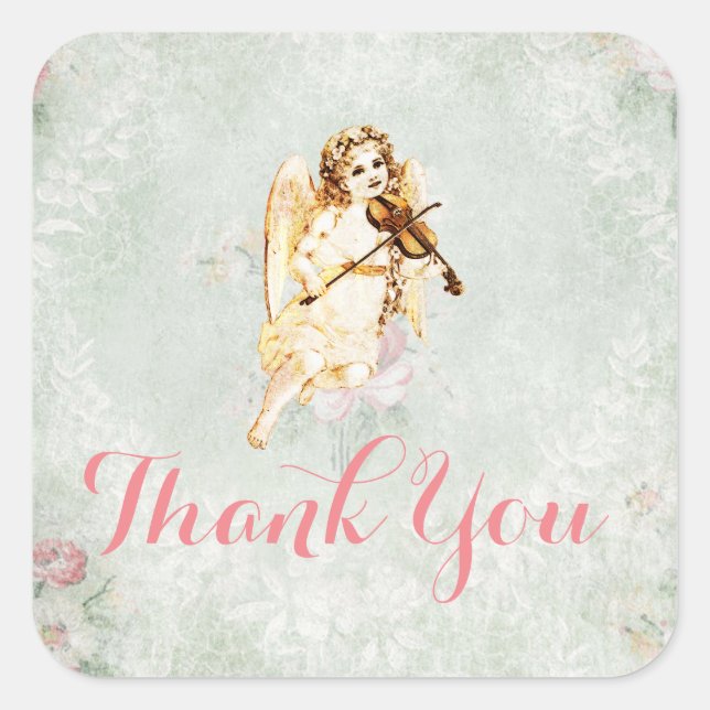 Angel Playing a Violin Thank You Square Sticker (Front)