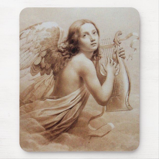 ANGEL PLAYING LYRA OVER THE CLOUDS brown Mouse Pad (Front)