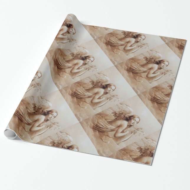 ANGEL PLAYING LYRA OVER THE CLOUDS brown Wrapping Paper (Unrolled)