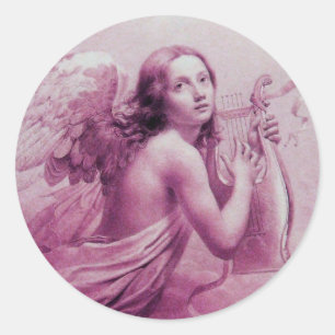 ANGEL PLAYING LYRA OVER THE CLOUDS CLASSIC ROUND STICKER