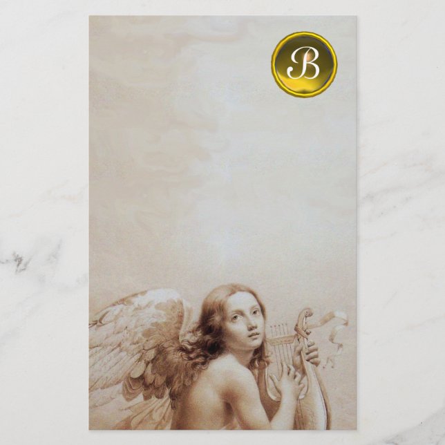 ANGEL PLAYING LYRA OVER THE CLOUDS ,GEM MONOGRAM STATIONERY (Front)