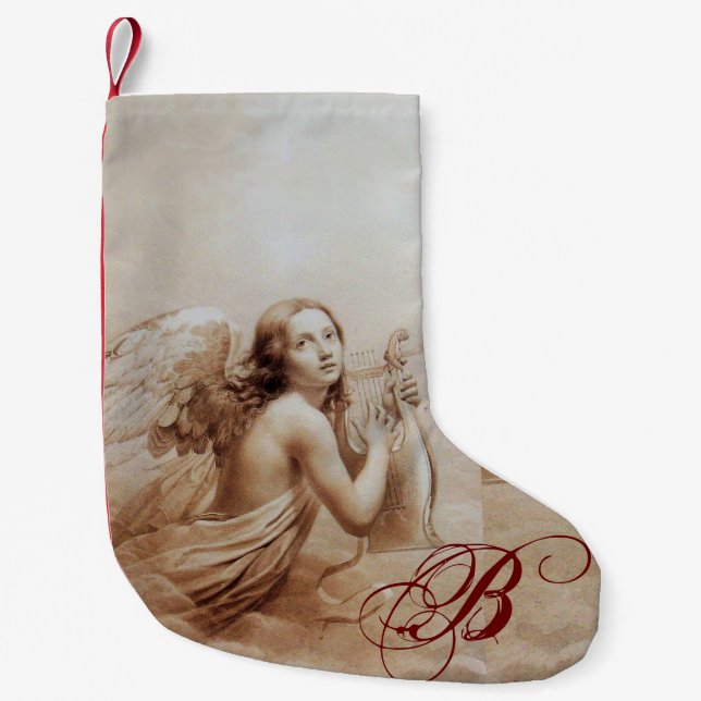 ANGEL PLAYING LYRA OVER THE CLOUDS MONOGRAM brown Small Christmas Stocking (Front)