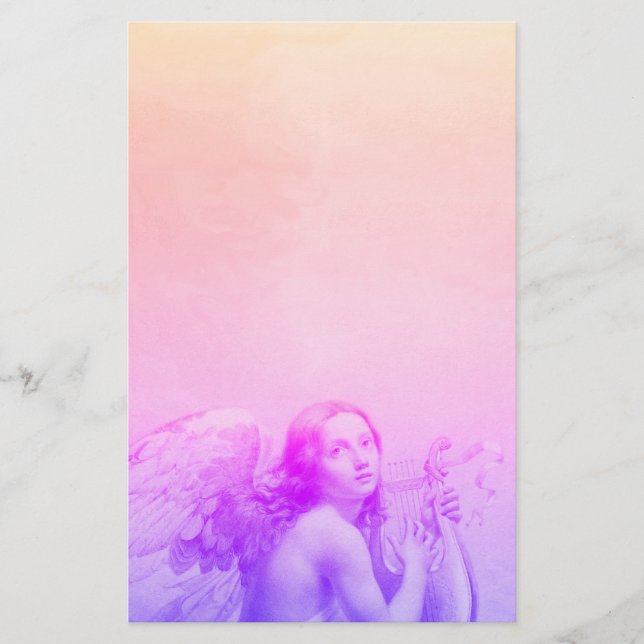 ANGEL PLAYING LYRA OVER THE CLOUDS Pink Blue Stationery (Front)