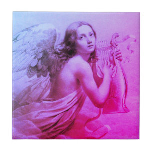 ANGEL PLAYING LYRA OVER THE CLOUDS Pink Blue Tile